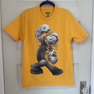 Popeye Cartoon Graphic T-Shirt Mens Small Yellow Popeye Sailor Vintage Style Tee